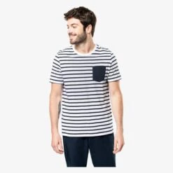 KARIBAN K378 - T-shirt Rayé Marin Avec Poche Manches Courtes